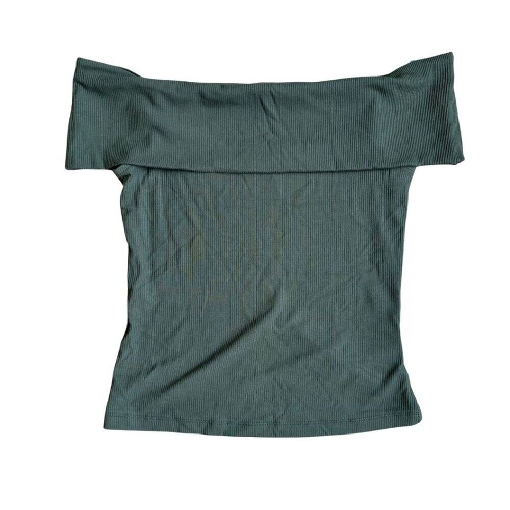 Express Fitted Ribbed Off The Shoulder Overlay Top Olive Green S - Picture 6 of 6